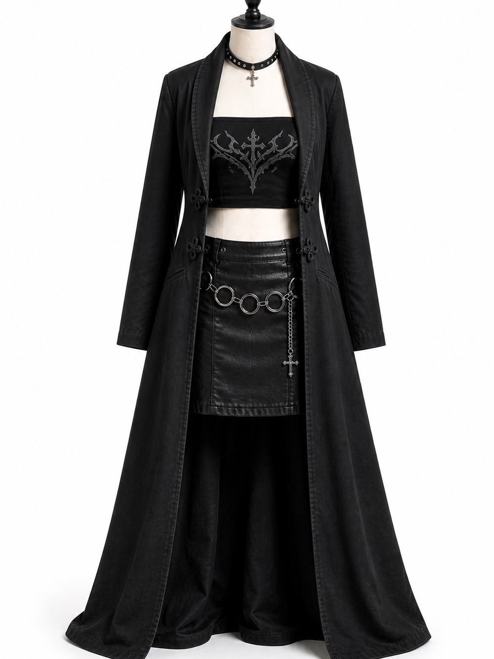 Vintage Subterranea Y2K Black Long Goth Metal Trench Coat Jacket | Medium